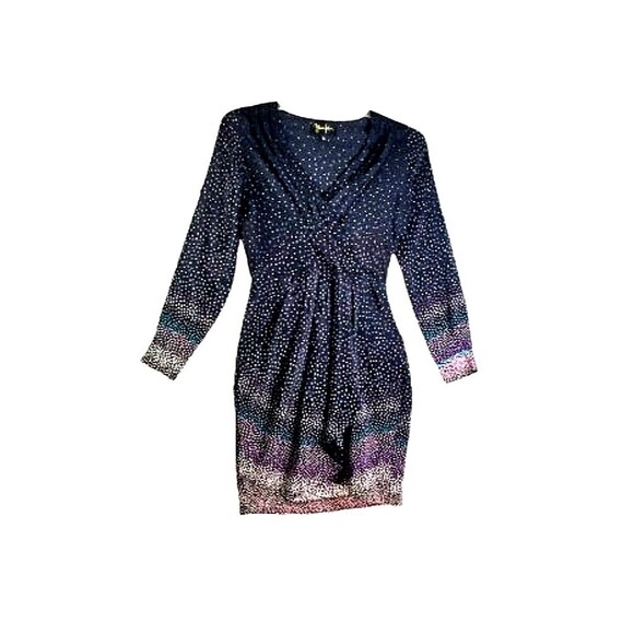 YUMI KIM Alexis Silk Faux Wrap Mini Dress Black Colorful Polka Dot Sz Small - Picture 1 of 12